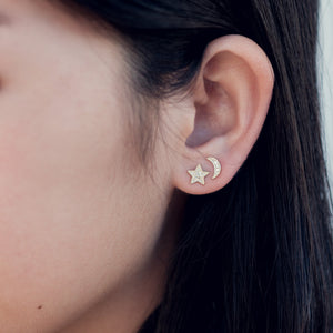 14K Gold Moon and Star Studs