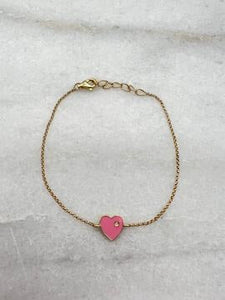 14k Yellow Gold Pink Enamel Diamond Heart Bracelet