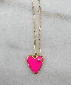 Pink Enamel Heart with CZ Necklace